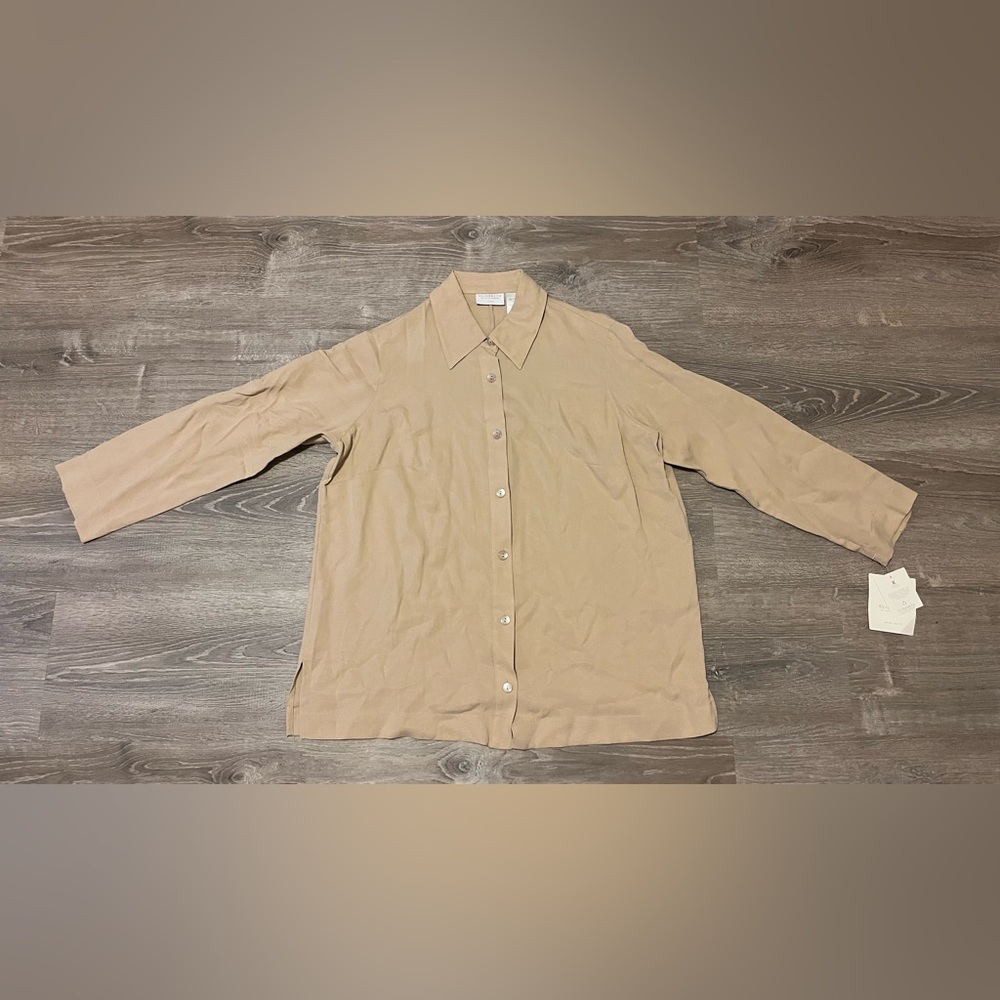 Elisabeth By Liz Claiborne Sport Petite Button Down Blouse Tan Womens Size 1 NWT